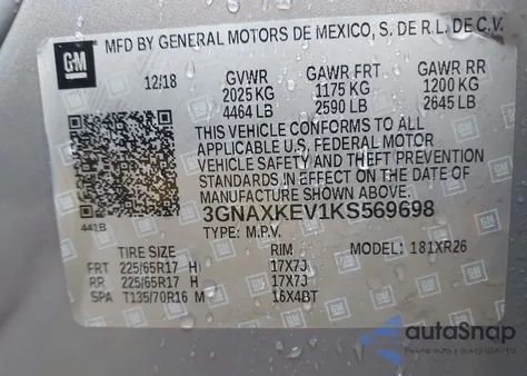 2019 Chevrolet Equinox Lt из США, поврежденный, VIN 3GNAXKEV1KS569698